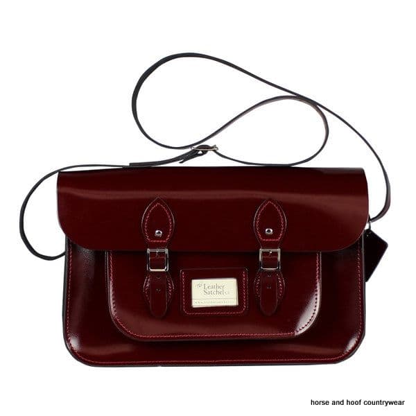 15 Inch Traditional Handmade British Vintage Leather Satchel - Patent Oxblood Red